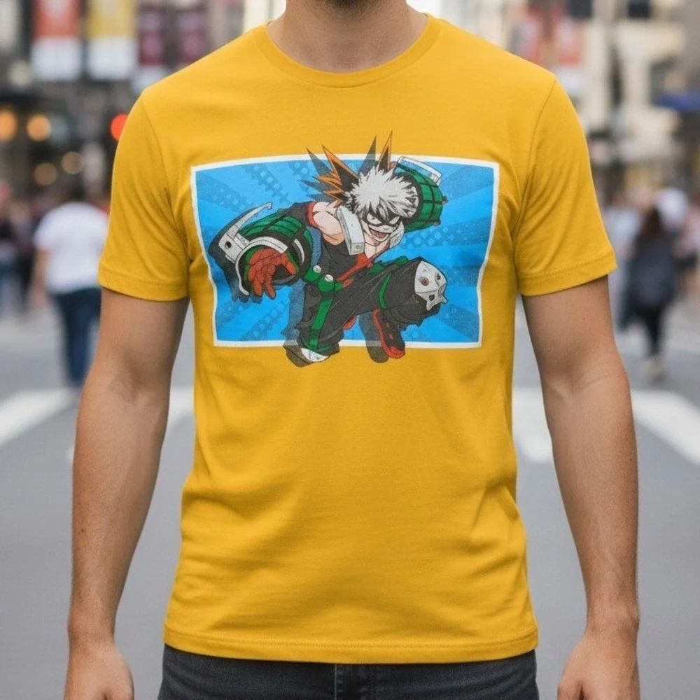 My Hero Academia Bakugo Graphic T Shirt Yellow Short Sleeve Anime Manga Men S‎